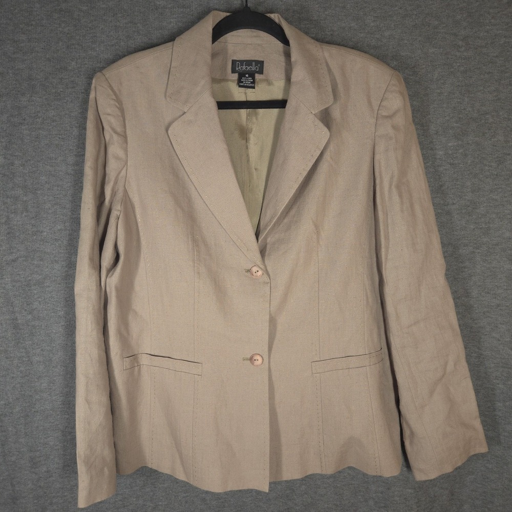 Rafaella 100% Linen Blazer Jacket Womens 16 Beige Tan 2 Button Career Y2K